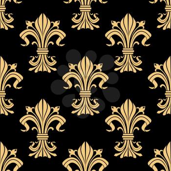 Golden victorian fleur-de-lis seamless pattern on black background with ornament of heraldic lilies, adorned by leaf scrolls and flower buds. Vintage interior design