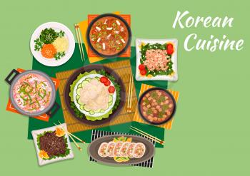 Korean cuisine beef bulgogi served with marinated vegetable salad and spicy kimchi soup, scallop salad, fried shrimps with spinach, seafood soup, stuffed squids and tofu soup with pork