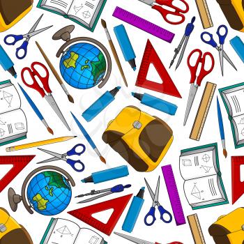 Books, pencils and school bags, globes, rulers, scissors, paintbrushes, compasses and highlighters seamless pattern on white background. Education theme design
