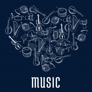 Heart shape, created of guitar, drum, trumpets, horn, piano, violin, harp and mandolin musical instruments. Love music concept or musical entertainment event poster design