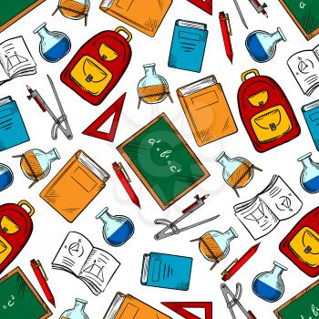 Chemistry and mathematics science background with school blackboards, books and pencils, notebooks, pens and triangle rulers, laboratory glass flasks, compasses and backpacks seamless pattern