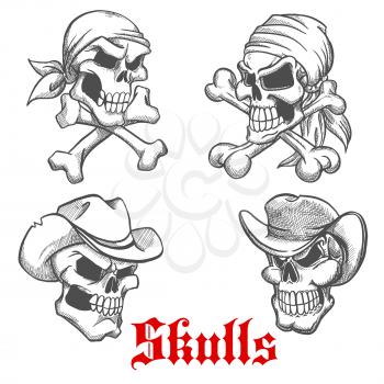 Sketched dangerous skulls of pirate captain and sailor in bandanas with crossbones below and angry skeletons of wild west cowboy and sheriff in old leather hats. Tattoo or Halloween party design
