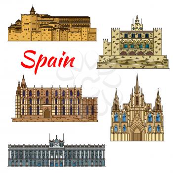 Colorful thin line travel landmarks of spanish architecture with Cathedral of Santa Maria in Palma and Barcelona Cathedral, Royal Palace in Madrid, Alhambra, Royal Palace of La Almudaina in Palma