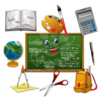 School bag, pen, book, calculator, globe, paint palette with brush, scissors and compasses, arranged around classroom blackboard cartoon character with smiling face, math formulas and graphs