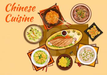 Chinese cuisine sweet and sour pork, peking duck dishes flat icon served with mango noodle salad, rice soup, meat with candied fruit, anise soup, hot and sour soup, sticky rice balls with kiwi fruit