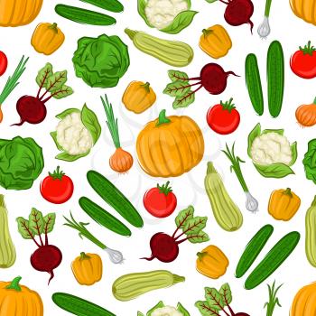 Fresh farm vegetables background with tomato, onion, bell pepper, cabbage, cucumber, zucchini, beetroot, pumpkin and cauliflower seamless pattern. Agriculture and organic farming themes design
