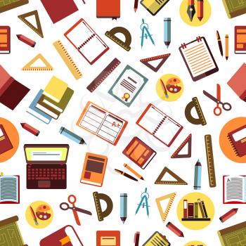 School and office supplies seamless pattern on white background with flat pens, pencils, rulers, books, laptops, diaries, clipboards, art palettes with paintbrushes, scissors, compasses and diplomas