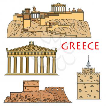 Famous architectural heritages of Greece icon with colored linear Acropolis of Athens with temple of goddess Athena Parthenon, medieval gothic castle of the Knights of Rhodes and White Tower museum of
