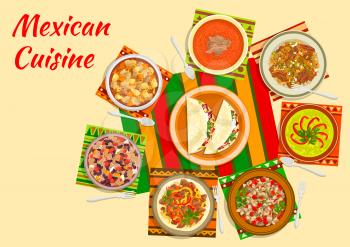 Mexican taco salad icon served in the center of a table with tomato soup, beef fajitas, bean stew chilli con carne, chilled avocado soup, chicken stew with tomato sauce, meat and pepper salad, beef to