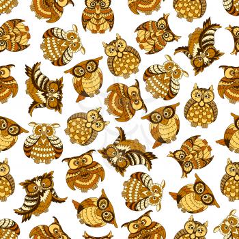Owl and owlet seamless pattern with yellow and brown forest birds on white background. Education theme or scrapbook page backdrop design