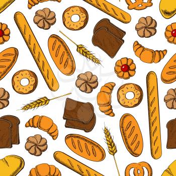 Bakery products seamless pattern with french croissant, glazed donut, bun with fruit jam, rye bread and wheat long loaves, baguette and salty bavarian pretzel with wheat ear on white background