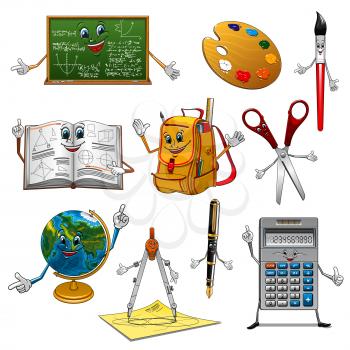 Chalkboard with math formulas, school book, fountain pen, scissors, calculator, globe, school bag, paintbrush with art palette and compasses cartoon characters with happy faces. Back to school design
