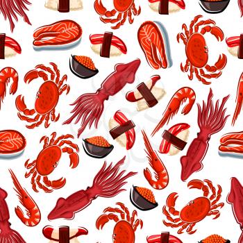 Seafood background with fresh salmon steaks, shrimps, crabs and squids, japanese nigiri sushi with clam and tuna, salted red caviar seamless pattern. Use as restaurant takeaway food packaging or menu 