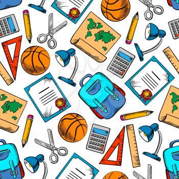 Colored sketched seamless school supplies and sporting items pattern on white background with pencils, rulers, calculators, school bags, basketball balls, scissors, world maps, desk lamps and diplomas