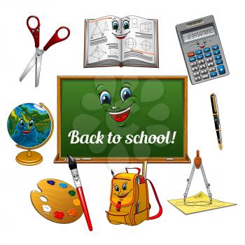Colorful cartoon school supplies with blackboard. Cheerful pen, textbook, globe, calculator, scissors, art palette with paintbrush, school bag and compasses characters for Back to School theme design