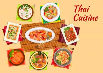 Thai cuisine dinner flat symbol of rice noodles with shrimps, cashew nut chicken, sweet and sour pork, chicken salad, pineapple duck curry, coconut milk chicken soup, lamb curry, pork meatball soup