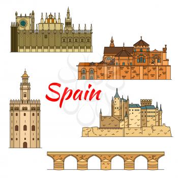 Spanish historical travel landmarks thin line icon of moorish castle Alcazar of Segovia, Great Cathedral of Cordoba with Roman bridge, Cathedral of Saint Mary of the See and Gold Tower in Seville