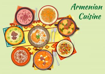 Armenian cuisine icon with dumpling soup, baked chicken stuffed with rice and dried fruit, beef soup with dried apricot, vegetable salad, rice with minced beef, bean soup, yoghurt soup, lentil salad