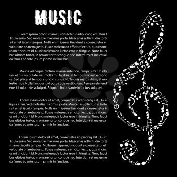 Black and white musical banner with treble clef symbol, created of musical notes, bass clefs, key signatures, chords, pauses with text layout. Music and arts infographics design template