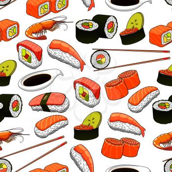 Japanese sushi seamless background with pattern of rolls and nigiri sushi with salmon, tuna, red caviar, avocado and lotus roots, served with chopsticks and soy sauce
