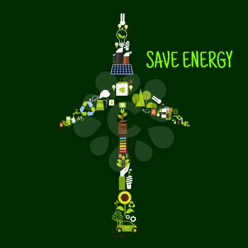Save energy banner with wind turbine symbol formed of electric cars, solar panel, recycling signs, saving energy light bulbs, green plants, trees and leaves, biofuel, bicycles, batteries, fuming indas