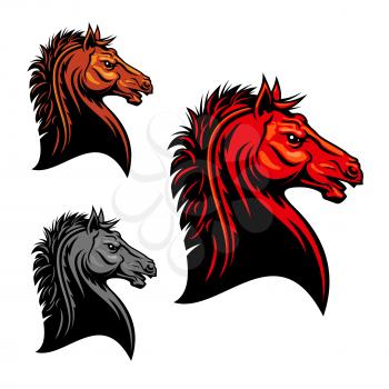 Aggressive mustang horse mascot with tribal stylized fiery red stallion with angry stare. Use as sporting club mascot or t-shirt print design