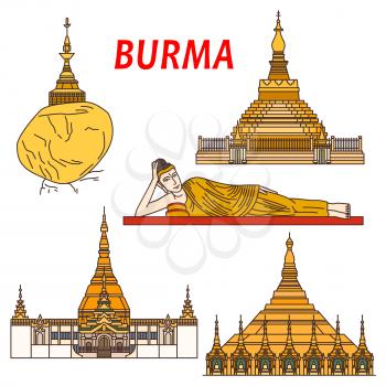 Ancient buddhist temples and places of worship of Burma thin line icon with Shwezigon Pagoda, statue of Reclining Buddha, Kyaiktiyo Pagoda or Golden Rock, Uppatasanti Pagoda and ancient city Bagan