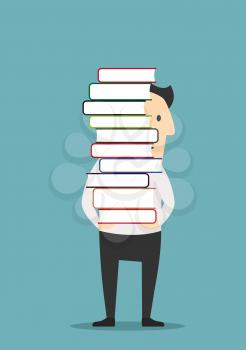 Smiling man is carrying a tall pile of colorful books. I love reading concept, education or profession themes design