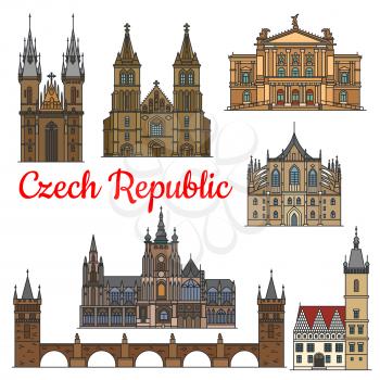 Travel landmarks of Czech Republic icon with linear Charles Bridge, Church of Mother of God, Saint Vitus Cathedral, Opera House, New Town Hall, Cathedral of Saints Peter and Paul, Saint Barbara Church