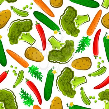 Seamless organic vegetables pattern on white background with broccoli, cucumber and green pea, carrot, hot red chili pepper and potato. Farm market design
