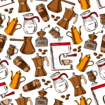Coffee house pattern with seamless sketchy coffee pot, cup and grinder, espresso machine, takeaway paper cup and milk pitcher on white background with roasted coffee beans