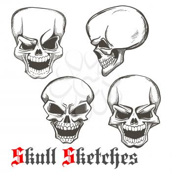 Smiling and winking skulls sketches of human skeleton heads with evil laughing grins. Use as tattoo or Halloween mascot design