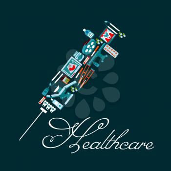 Medication treatment and healthcare symbol of syringe with medicine bottles, pills, dentist chair and tools, tooth braces, x-ray, operation table, baby ultrasound, pipettes and crutches icons