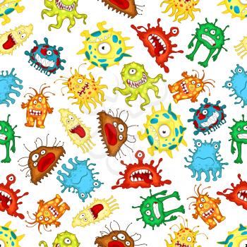 Seamless pattern of funny monsters and aliens characters with spotted bodies, wavy tentacles, pseudopods and toothy smiles on white background. Childish stylized wallpaper theme design