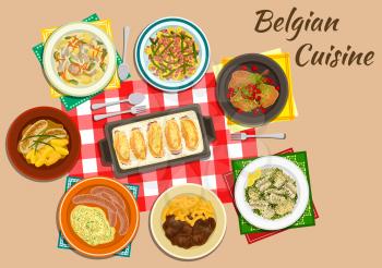 Belgian cuisine endive rolls witloof with ham and cheese flat icon served with milk sausages, fries with beef stew, mashed potatoes stoemp, creamy chicken and vegetable stew, rabbit with cherries, pot
