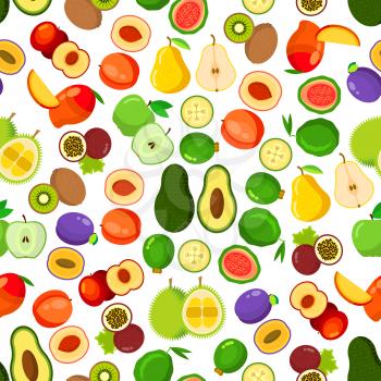 Fresh fruits seamless pattern with background of whole and halved apples, peaches, mangoes, plums, passion fruits, guavas, pears, kiwis, avocados, feijoas and durian fruits. Flat style
