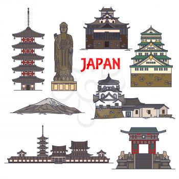 Japanese travel landmarks linear icon with sacred mount Fuji, Great Buddha statue in Ushiku, Tokyo Imperial palace, pagoda of Horyuji temple, Osaka Castle, deva gate of Kiyomizu-dera temple, Matsue ca