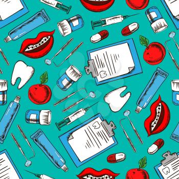 Seamless dentistry and dental care pattern of sketched teeth, pills, syringes, dental mirrors and probes, toothpastes, medical examination forms, smiles with braces and fresh apples on teal background