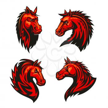 Fire horses symbols of aggressive and powerful stallions with fiery red tribal pattern of flaming manes. Horse racing mascot or tattoo design