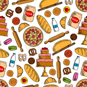 Bread, pepperoni pizza, cake, cupcake, croissant, cinnamon bun, macaron, pretzel, flour, milk, eggs and rolling pin seamless pattern background Bakery and pastry shop baking concept design