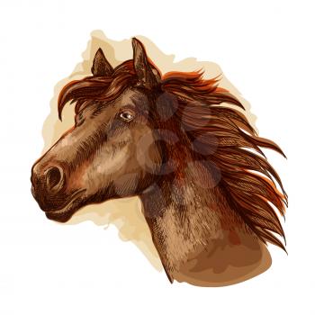 Brown mare horse head icon with bay racehorse. Equestrian sporting symbol, horse racing and t-shirt print design