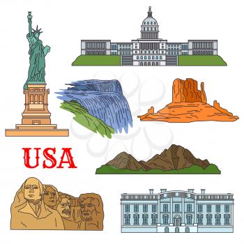 USA travel landmarks of culture, history and nature thin line icon with the statue of Liberty, Grand Canyon, United States Capitol, Niagara falls, Rushmore National Memorial and Rocky Mountains