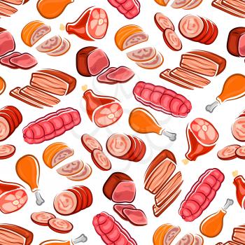 Beef and pork sausage, bacon, ham and chicken leg seamless pattern on white background. Stock farming, butcher shop and food packaging design
