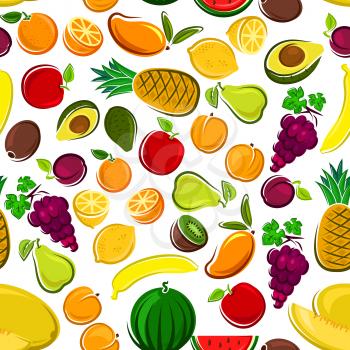 Pattern of sweet fruits with seamless background of orange, apple, plum, banana, mango, peach, lemon, grain, pineapple, kiwi, watermelon, avocado pear and melon Agriculture and food design
