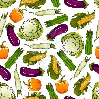 Organic farm vegetables pattern with seamless background of sweet corn and bell pepper, eggplant, fresh asparagus, cauliflower and daikon vegetables. Agriculture theme design
