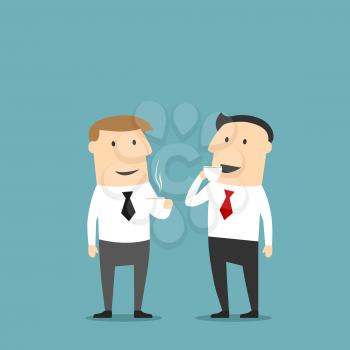 Businessman drinking and chatting. Office colleagues at coffee break talking. Isolated men vector characters. People in business communication