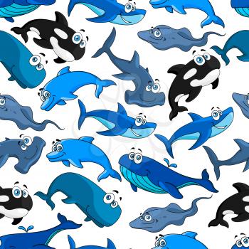 Fish cartoon seamless pattern background. Vector children funny flat icons. Blue cute ocean and sea swimming fishes. Shark, dolphin, whale, stingray