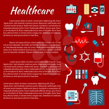 Healthcare medical infographic leaflet. Medicine pills and tools vector icons and symbols. Hospital information poster