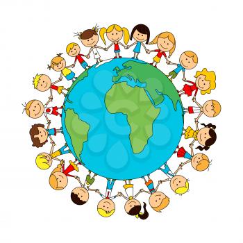 Children world friendship cartoon poster. Happy smiling kids around globe. Child unity and care concept vector symbol. Kindergarten boys and girls
