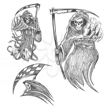 Death with scythe pencil sketch. Halloween vector icon. Gothic mortal character sketching for tattoo, decoration